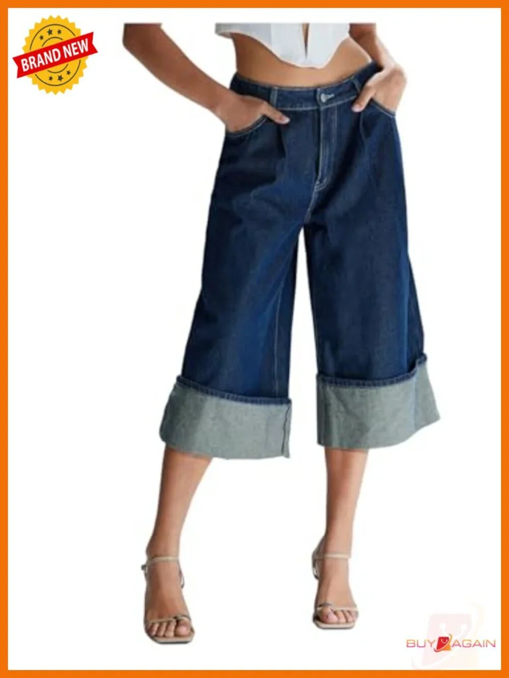 Wide Leg Low Rise Bermuda Denim Shorts Pleated Cuffed Hem Casual Jean Shorts